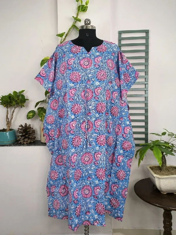 Boho Style Kaftan Dress | Indian Handprinted Blue Pink Sunflower Gardenia| Breathable Lightweight Cotton Fabric Comfortable Chic Summer Look
