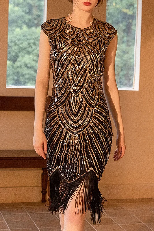 1920s Gatsby Round Neck Fitted Sequin Fringe Flapper Midi Dress - Gold Fashionable Pleated Midi Dress 1920s Gatsby Round Neck Fitted Sequin Fringe Flapper Midi Dress - Gold Fashionable Pleated Midi Dress