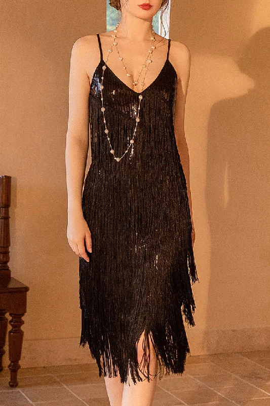 1920s Gatsby V Neck Sequined Layered Fringe Flapper Midi Dress - Black Trendy Mock Neck Midi Dress 1920s Gatsby V Neck Sequined Layered Fringe Flapper Midi Dress - Black Trendy Mock Neck Midi Dress