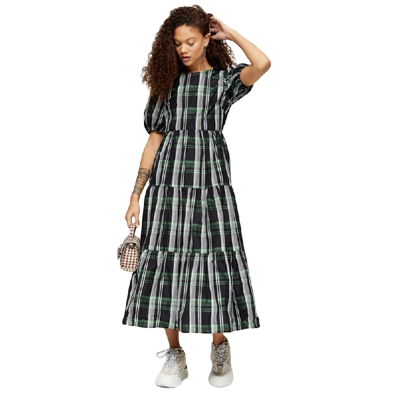 Women's Plaid Ruffle Midi Dress,Multi Comfortable Lace-Up Midi Dress