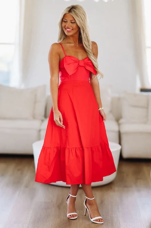 Admire Bow Midi Dress - Pink and Red Stylish Silk Midi Dress