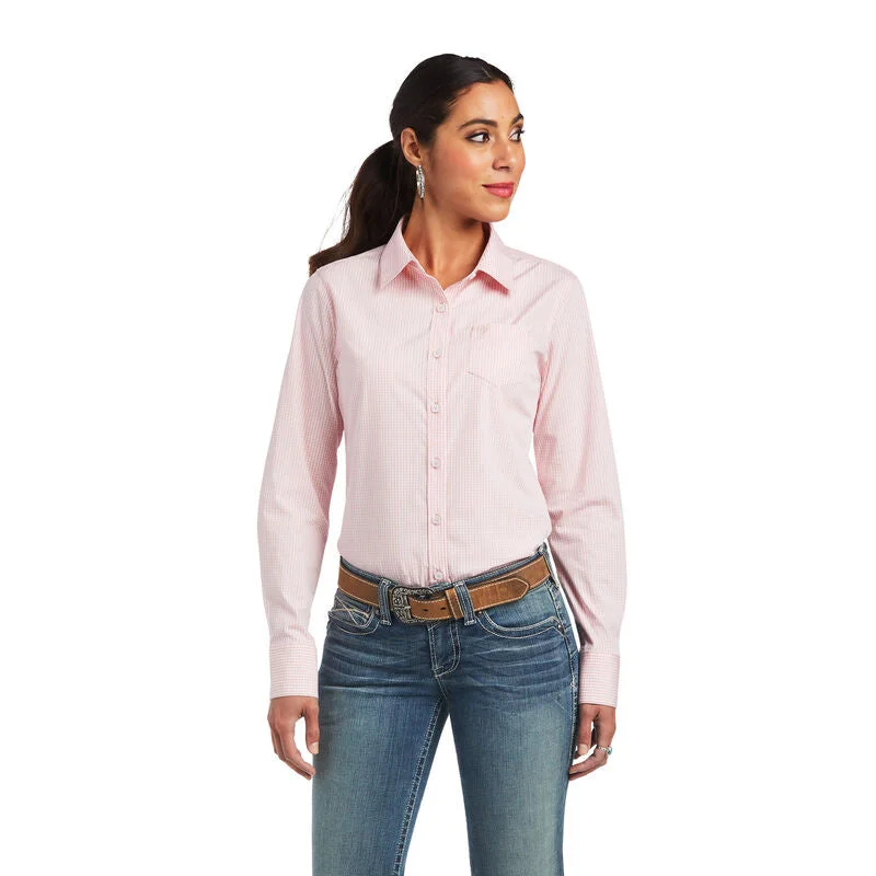 Ariat Wms REAL Kirby Stretch LS Shirt Bridle Rose/White Gingham Check Chic V-Neck Short Blouse