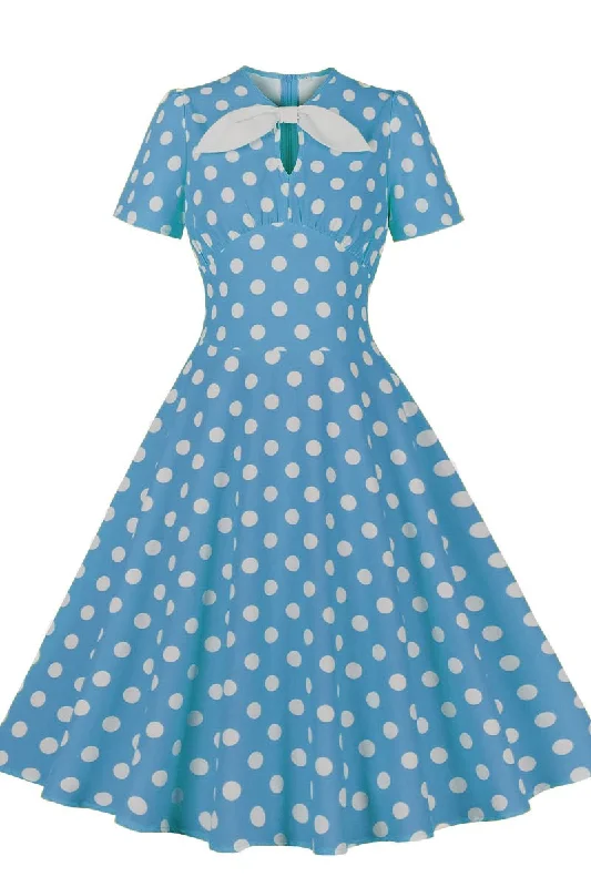 Audrey Hepburn' Style Polka Dot Short Sleeve Midi Dress Stylish Pleated Skirt Midi Dress