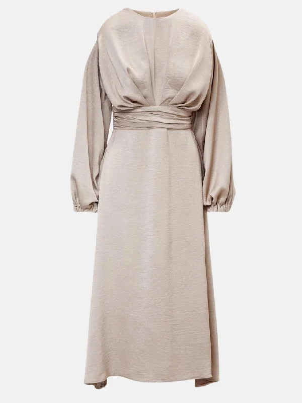 Beige Midi Dress With Shoulder Pads Detail And Pleats Trendy Midi Dress with Belt