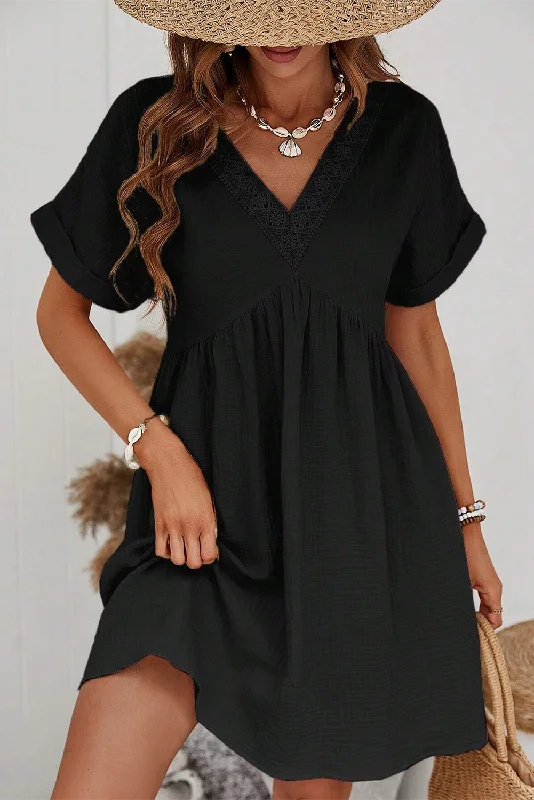 Black Folded Short Sleeve Lace V Neck Mini Dress Elegant Vintage Mini Dress