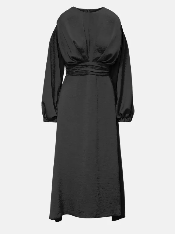 Black Midi Dress With Shoulder Pads Detail And Pleats Cozy A-Line Midi Dress