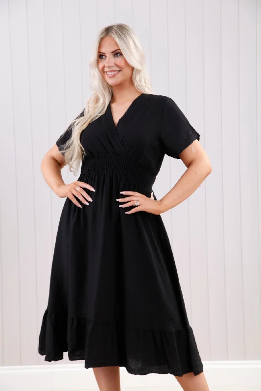 Black Wrap Front Midi Dress Trendy Tiered Hem Midi Dress