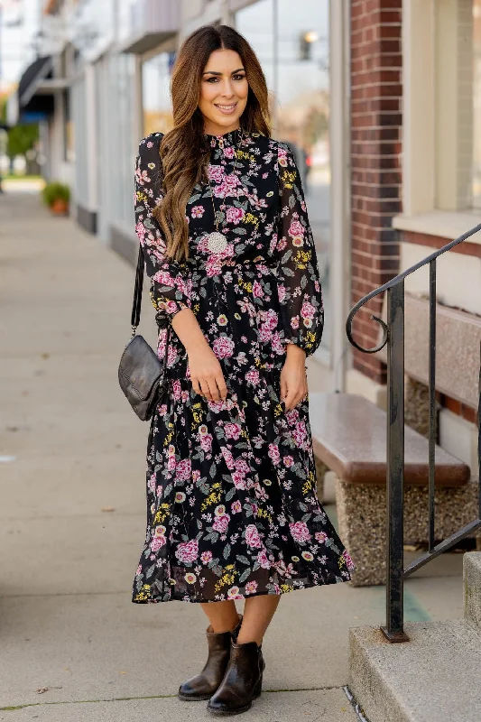 Blossoming Buds Long Sleeve Midi Dress Fashionable One-Shoulder Midi Dress