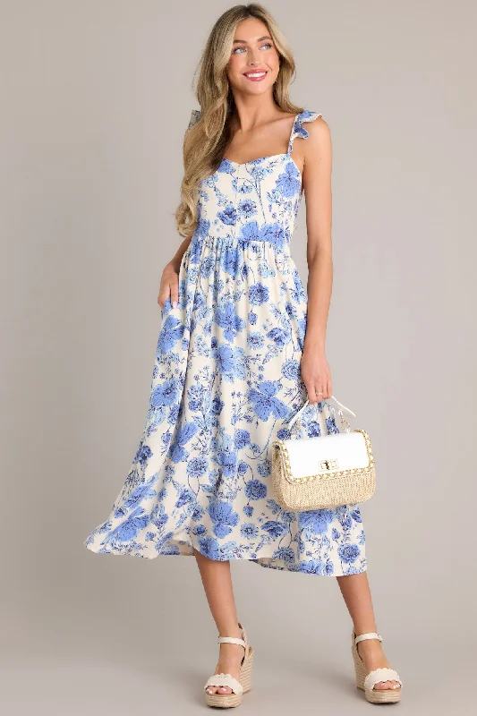 Blossoms Of Belief Ivory & Blue Floral Midi Dress Fashionable High-Low Midi Dress