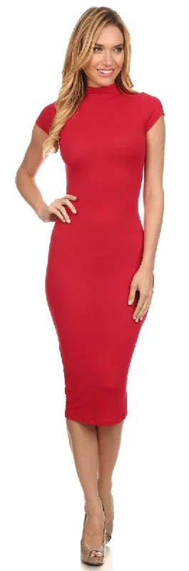 Body Con Knee Length Red Midi Dress Turtle Neck Short Sleeves Comfortable Fit-and-Flare Midi Dress