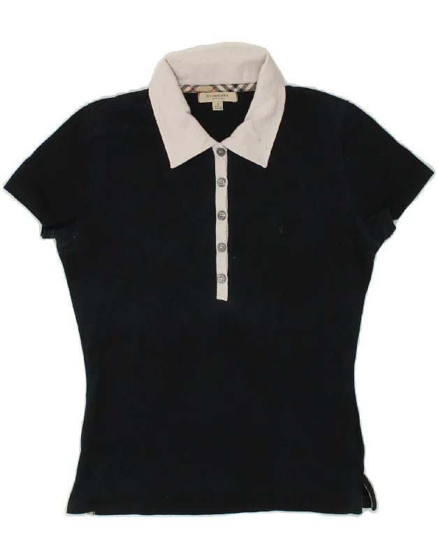 BURBERRY Womens Polo Shirt UK 10 Small Navy Blue Colourblock Cotton Trendy Tie-Front Short Shirt