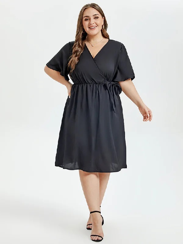 Butterfly Sleeve Ruffle Hem Belted Midi Dress Cozy Knit Midi Dress