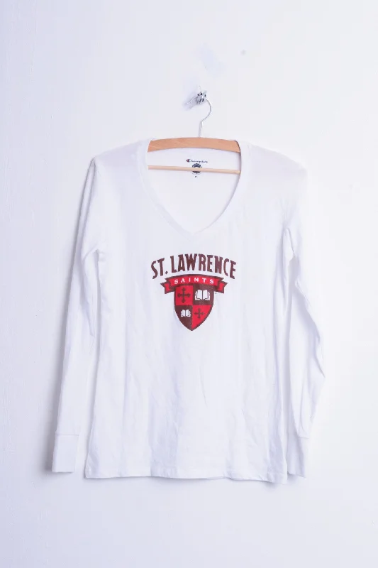 Champion St. Lawrence Saints Womens XS Shirt Blouse V Neck White Cotton Cozy Loose Fit Short Sleeve