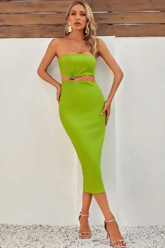 Chic Strapless Notch O Ring Cutout Waist Bodycon Bandage Party Midi Dress - Green Elegant Floral Skirt Midi Dress