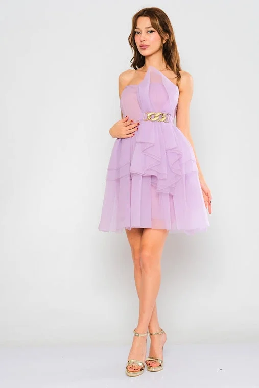 Chiffon Layered Mini dress with Removable Strap - Lilac Chic Sleeveless Mini Dress