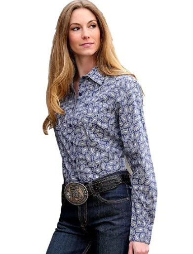 Cinch Wmns Blue Paisley Print Western Shirt - Black Friday Sale Relaxed Fit Short Blouse