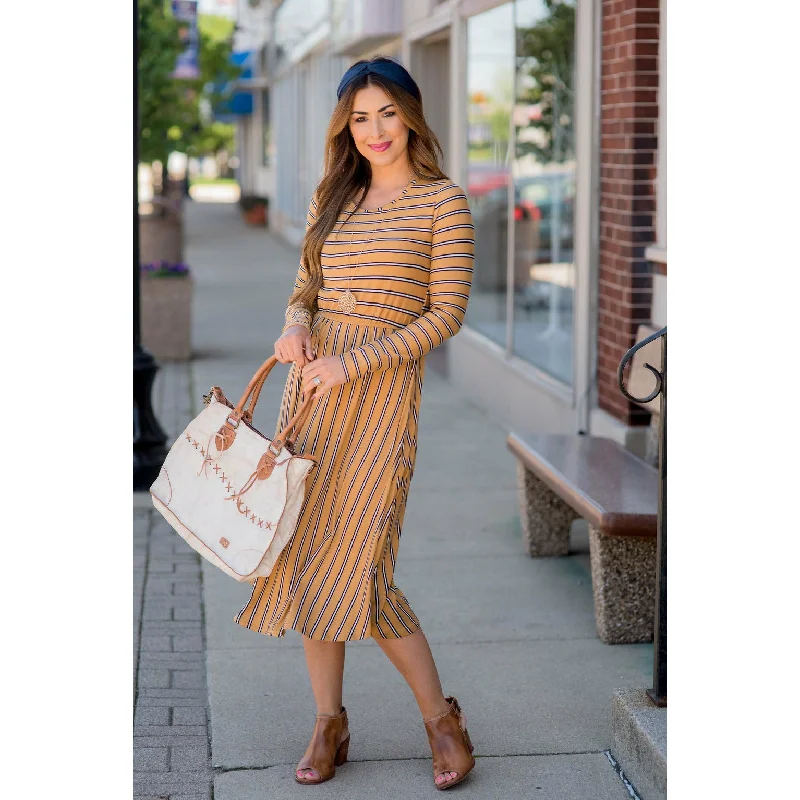 Striped Long Sleeve Midi Dress Elegant Satin Button Midi Dress