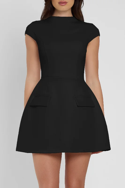 Cote Cap Sleeve Pocket Mini Dress - Black Cozy A-Line Mini Dress