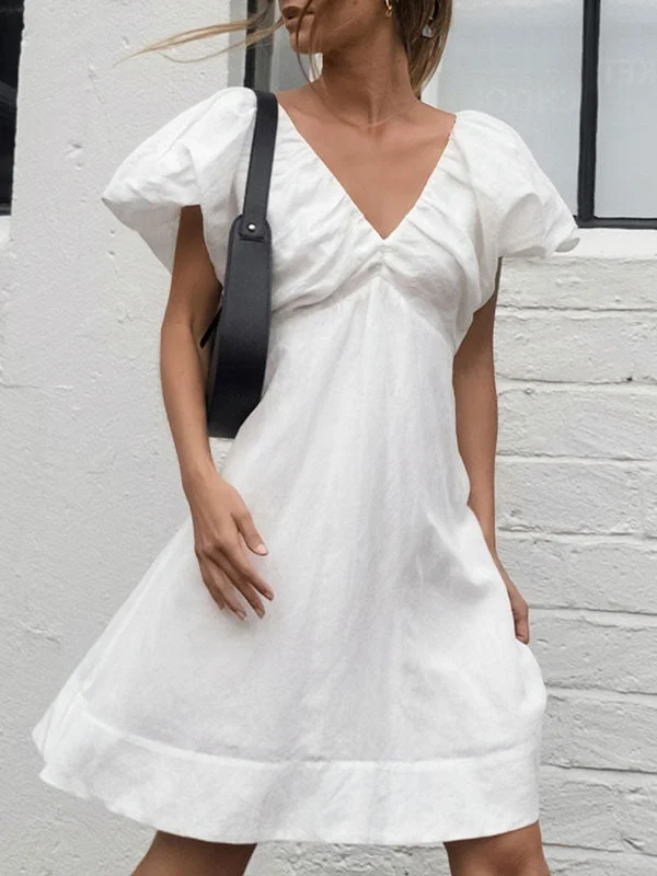 Cotton White V-Neck Puff Sleeve Mini Dress Elegant Mini Dress with Ruffles