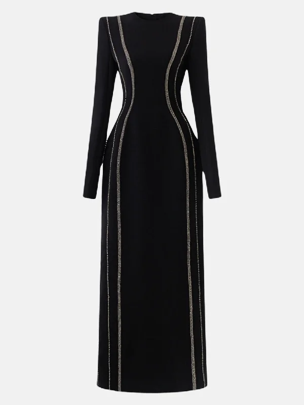 Crystal Embellished Long Sleeve Bodycon Midi Dress Elegant Velvet Midi Dress