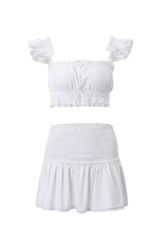 Cute Ruffled Button Up Bra Top Ruched Drop Waist Skirt Two Piece Mini Dress Comfortable Shift Mini Dress