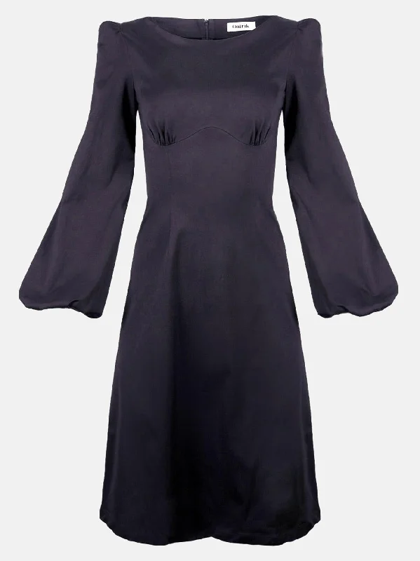 Daphne Midi Dress with Bust Seam Detail and Blouson Sleeves / Black Cotton Trendy Bodycon Midi Dress