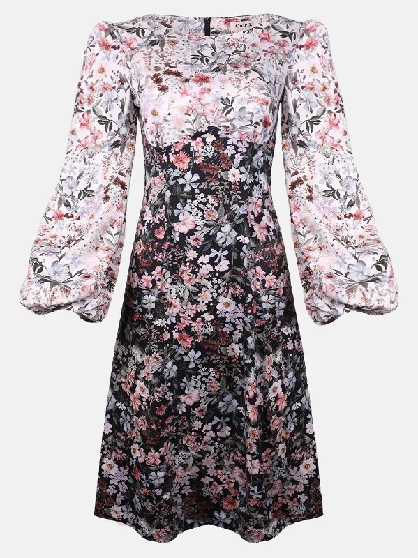 Daphne Midi Dress with Bust Seam Detail and Blouson Sleeves / Mixed Black and Milky White Florals Cotton Trendy Shift Midi Dress