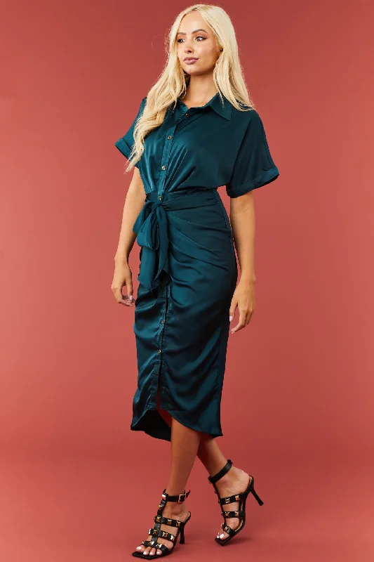 Dark Teal Button Down Front Tie Satin Midi Dress Stylish Animal Print Midi Dress