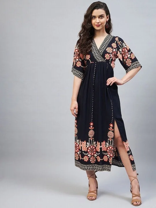 Designer Indian Navy Blue Ethnic Motifs A-Line Midi Dress,Indian Dress Comfortable Floral Print Midi Dress Designer Indian Navy Blue Ethnic Motifs A-Line Midi Dress,Indian Dress Comfortable Floral Print Midi Dress