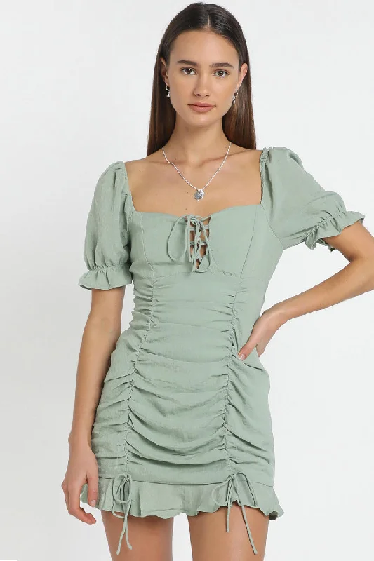 Drawstring Ruched Ruffle Bodycon Mini Dress - Sage Green Classic Striped Mini Dress