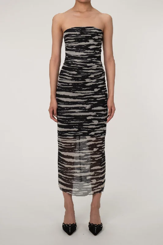 Dynamic Zebra Printed Strapless Ruched Mesh Bodycon Cocktail Midi Dress Fashionable Fitted Midi Dress