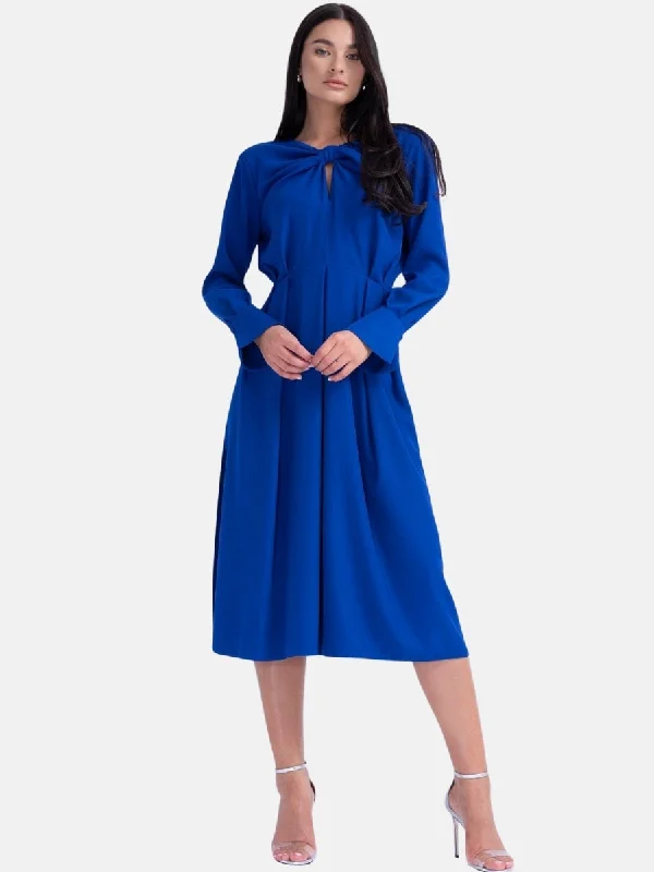 Electric Blue Midi Dress With Ring Detail and Pleats Stylish Halter Neck Midi Dress