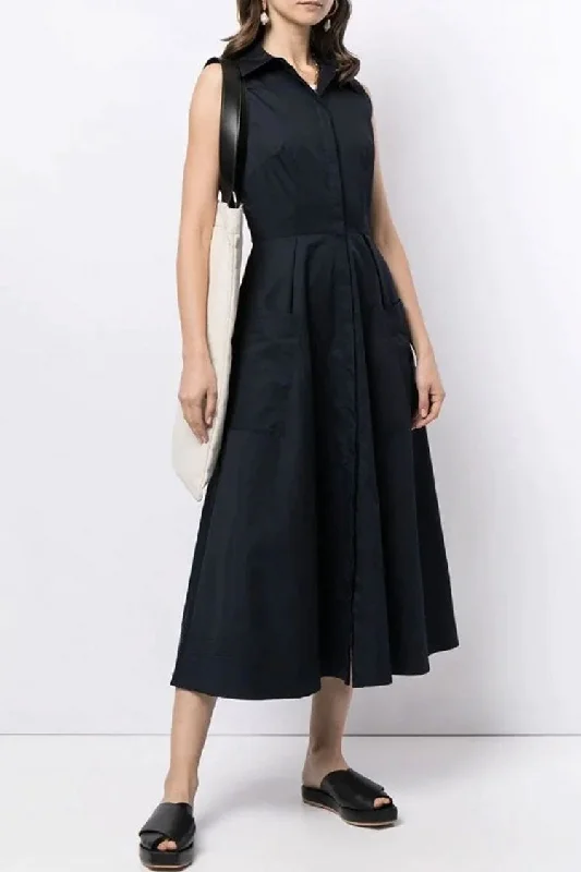 Elegant Sleeveless Cargo Pocket Button Down Skater Midi Dress - Black Elegant Pleated Sleeve Midi Dress