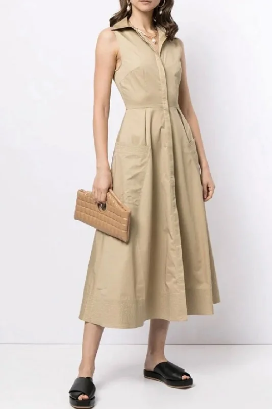 Elegant Sleeveless Cargo Pocket Button Down Skater Midi Dress - Khaki Fashionable Sheer Sleeve Midi Dress