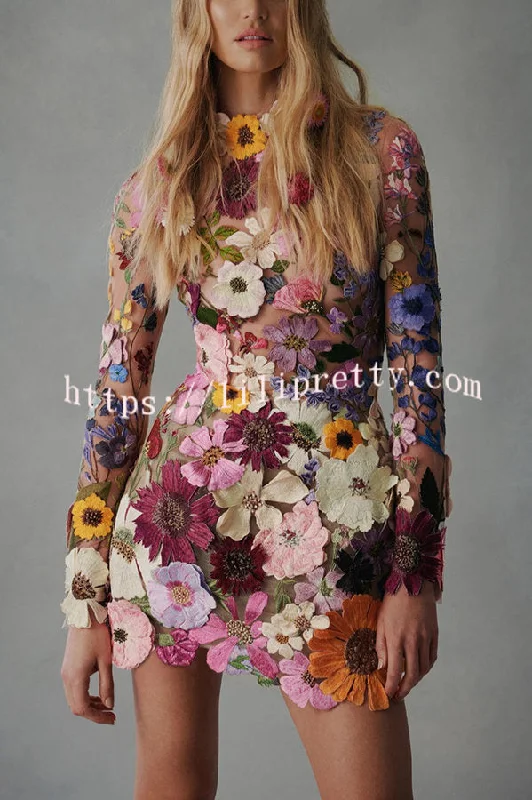 Lilipretty Elegantly Enchanted Floral Applique Backless Long Sleeve Mini Dress Stylish Floral Print Mini Dress