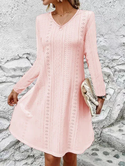 Eyelet V-Neck Long Sleeve Mini Dress Fashionable Button-Front Mini Dress