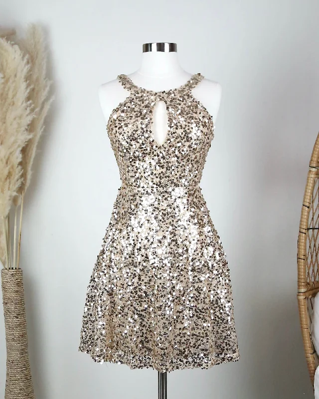 Bedazzling Sparkly Sequin Mini Dress in Gold Fashionable Lace Mini Dress