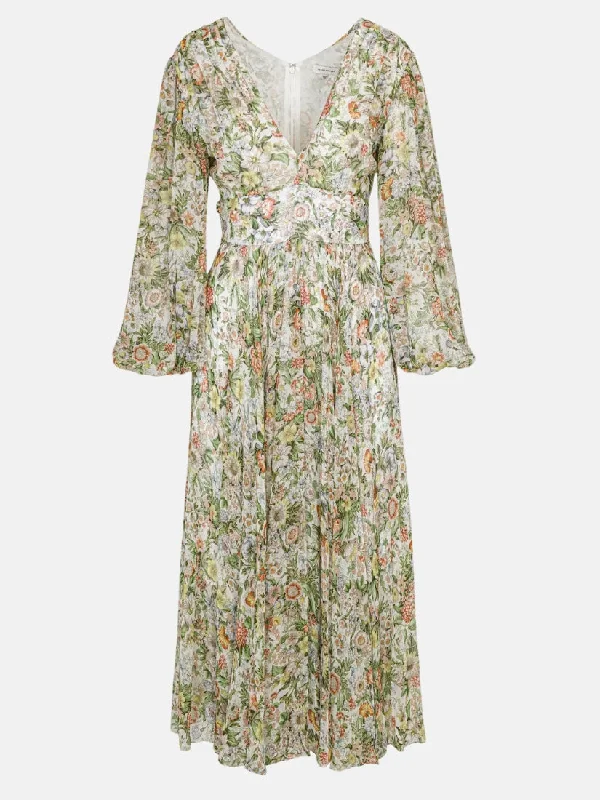 Floral All Over On Viscose Chiffon Blouson Sleeve Midi Dress Comfortable Wrap Midi Dress