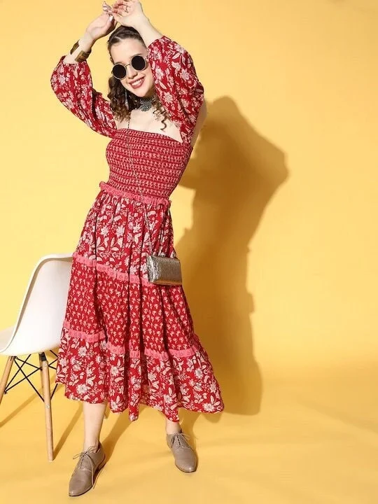 Floral Ethnic Pure Cotton Tiered Off Shoulder Midi Dress For Women Cozy Ribbed Knit Midi Dress Floral Ethnic Pure Cotton Tiered Off Shoulder Midi Dress For Women Cozy Ribbed Knit Midi Dress
