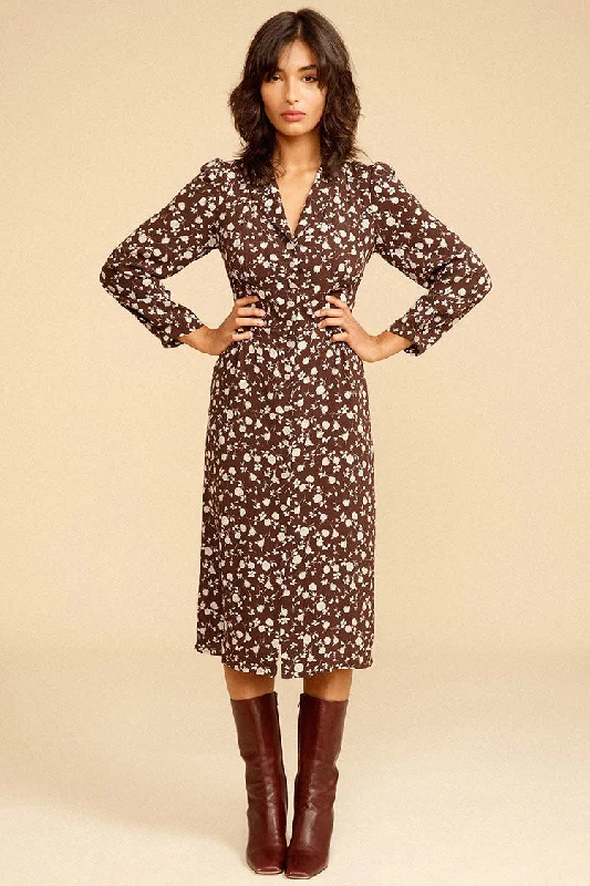 Floral Print Long Sleeve Button Up French Shirt Midi Dress - Coffee Cozy Wide Strap Midi Dress