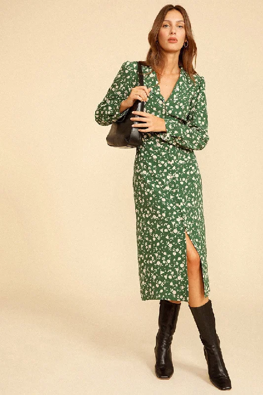 Floral Print Long Sleeve Button Up French Shirt Midi Dress - Green Comfortable Ruched Midi Dress