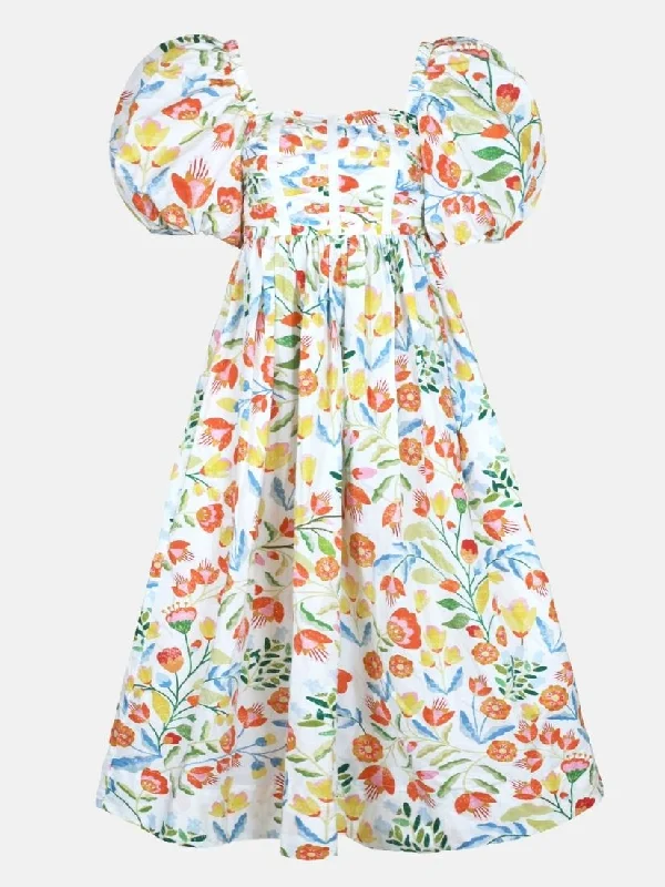 Flower Land Square Neck Cotton Midi Dress Cozy A-Line Midi Dress