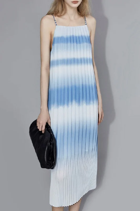 Flowing Gradient Striped A Line Sleeveless Pleated Slip Midi Dress - Sky Blue Cozy T-shirt Midi Dress