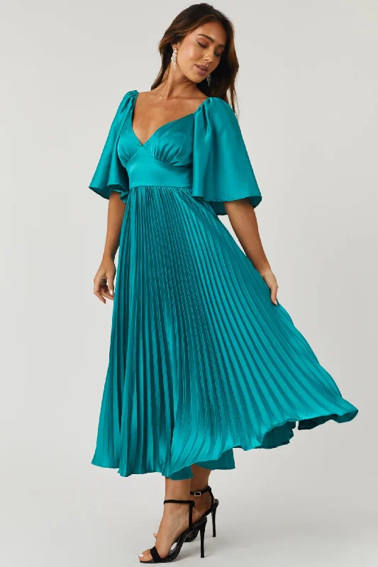 Flying Tomato Teal Bell Sleeve Pleated Satin Midi Dress Elegant Floral Appliqué Midi Dress