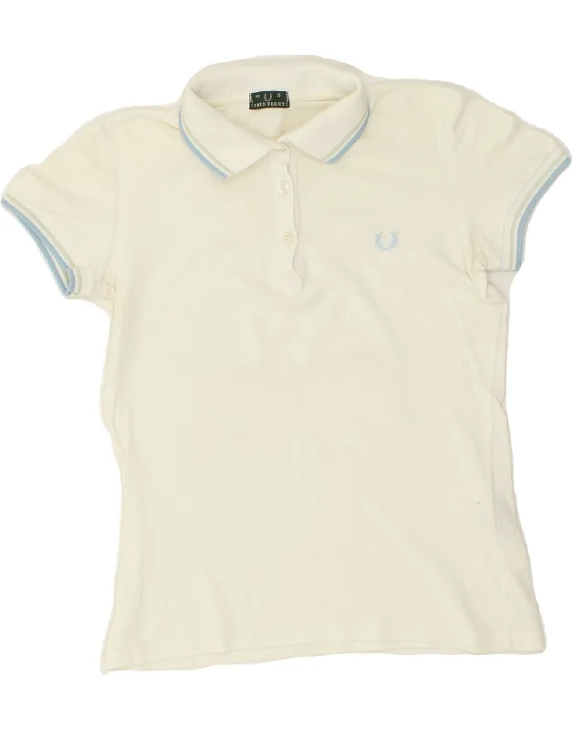 FRED PERRY Womens Polo Shirt UK 10 Small White Cotton Cozy Striped Short Sleeve