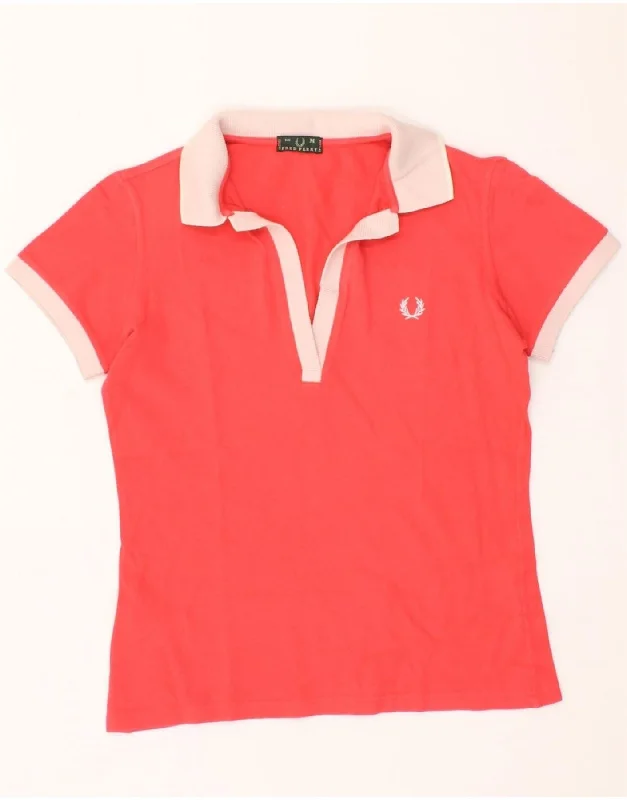 FRED PERRY Womens Polo Shirt UK 12 Medium Red Colourblock Cozy Plain Short Sleeve