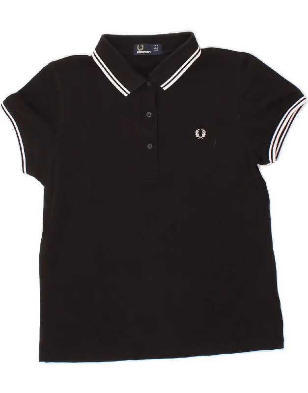 FRED PERRY Womens Polo Shirt UK 14 Large  Black Cotton Casual Slouchy Short Sleeve