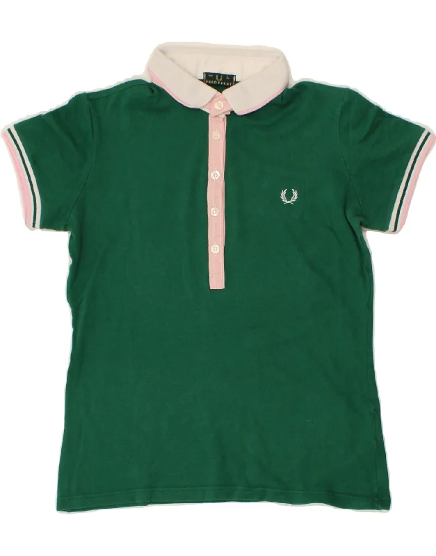 FRED PERRY Womens Polo Shirt UK 14 Large Green Cotton Stylish Printed Short Shirt