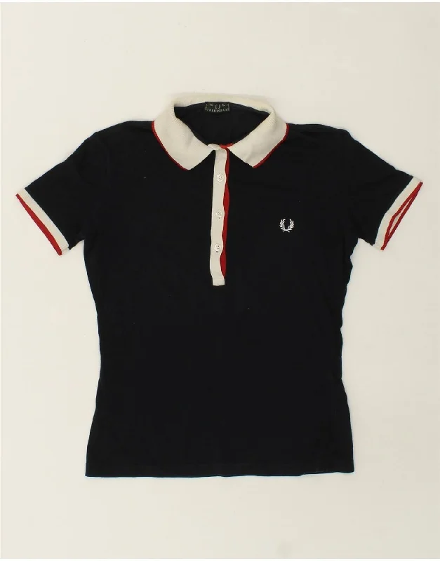 FRED PERRY Womens Polo Shirt UK 14 Large Navy Blue Colourblock Cotton Stylish Printed Short Shirt