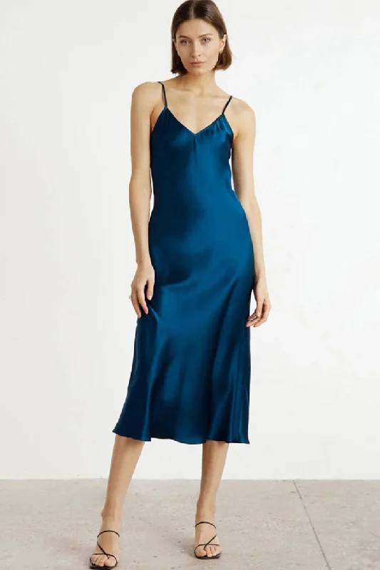 French Chic V Neck Spaghetti Strap Satin Slip Midi Dress - Navy Blue Stylish Button-Up Midi Dress